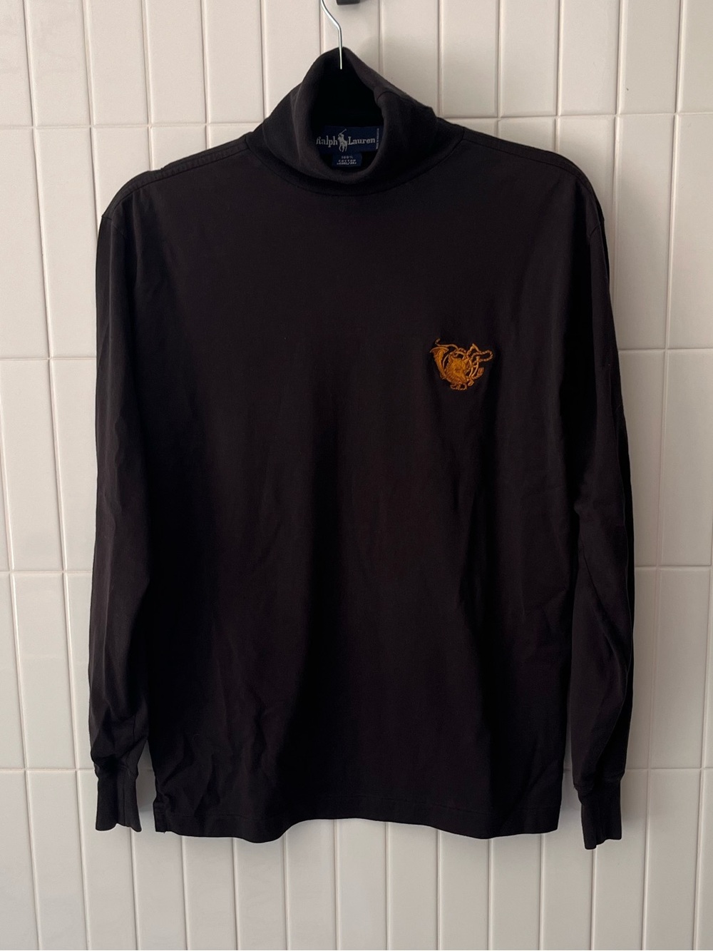 Vintage Ralph Lauren Turtleneck Black Gold Crest Cotton gold embroidered griffin
